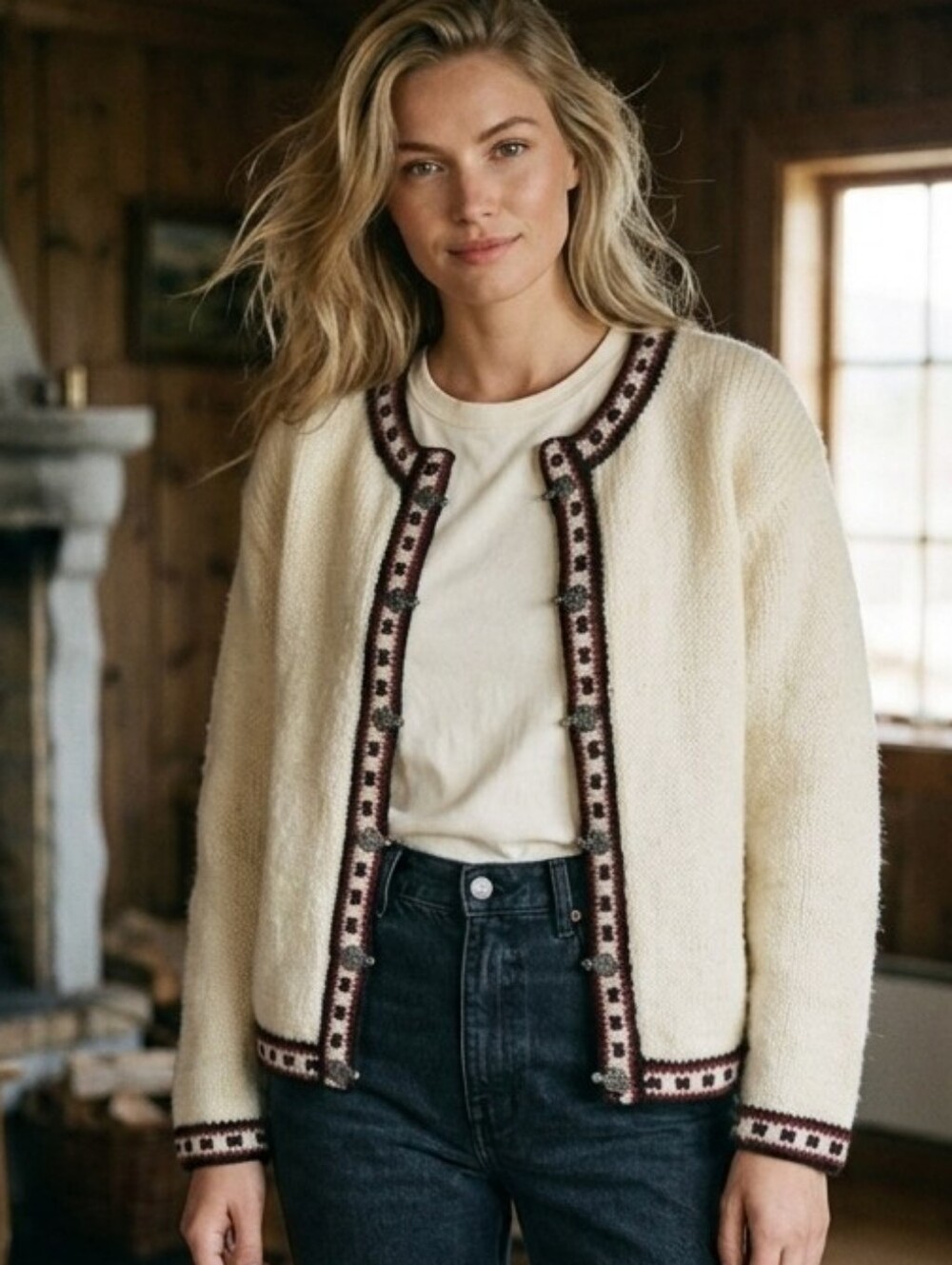 Vintage hand knit norway nordic scandinave style knit cardigan beige Medium C5